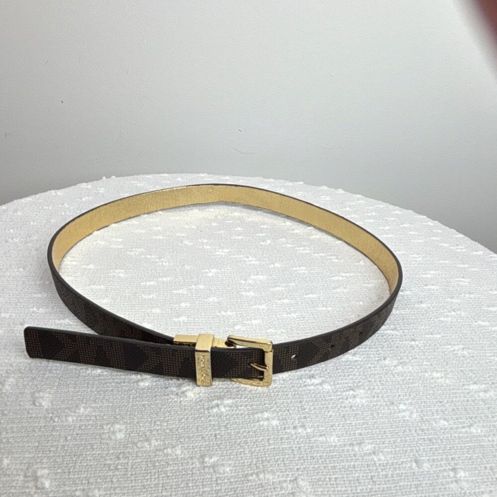 Michael Kors Women's Reversible Brown Gold Adjustable Skinny Logo Buckle Belt M